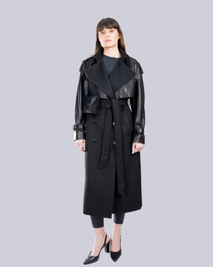 cashmere and leather mixed black coat BNC-56